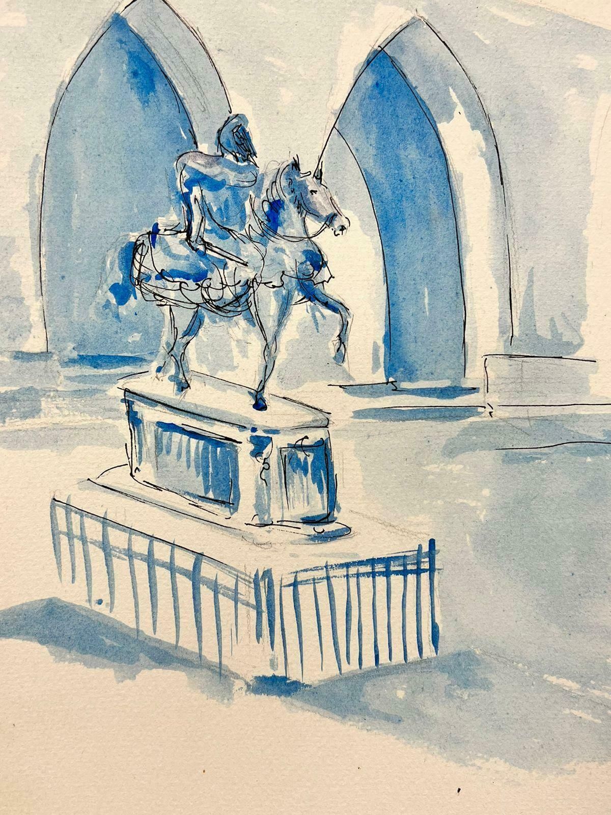 Bernard Labbe1950's Modernist/ Cubist Painting   Blue Watercolor Knight And Horse Statue1950's photo for sale
