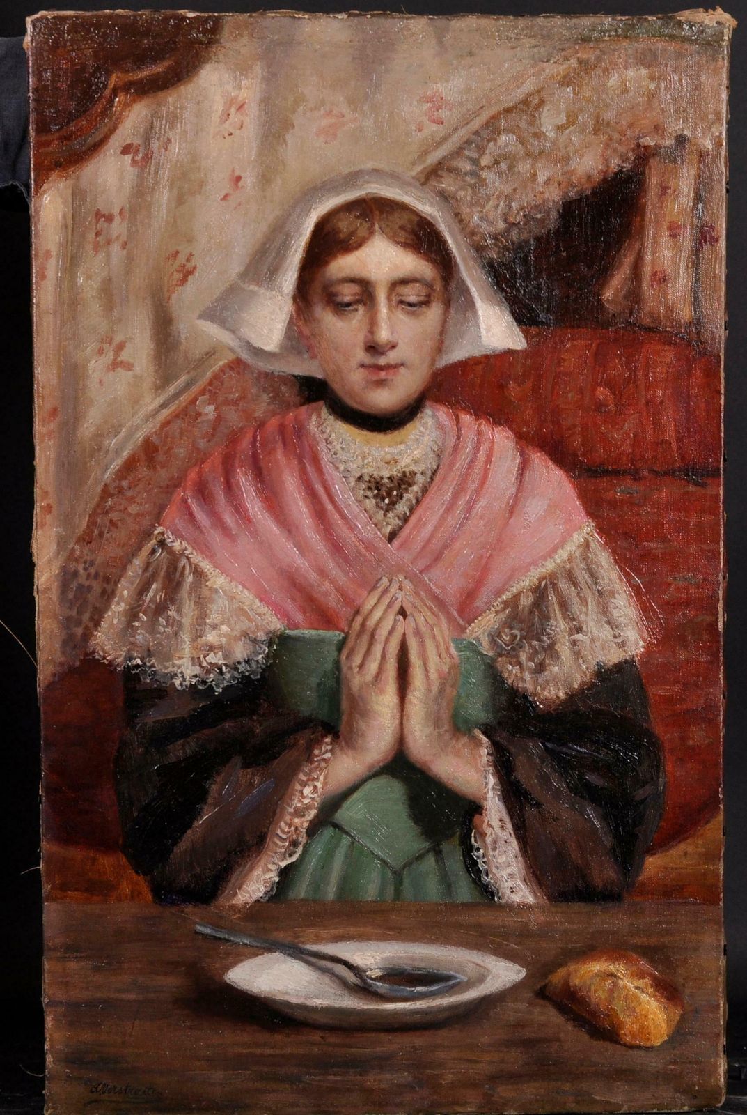 Alfred Verstraeten (1858 1936)19th Century Belgian Realist Oil Painting   Young Lady Saying Grace At Supper photo furniture