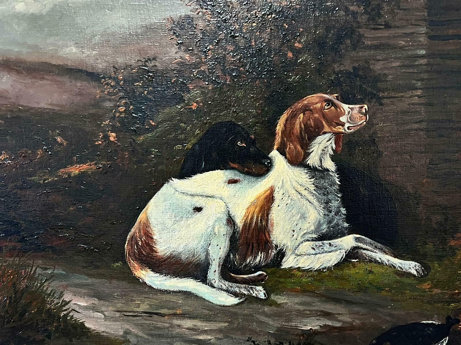 English Sporting Artwaiting For The Master Two Hunting Dogs Outside Gamekeepers Cottage Oil Painting photo for sale