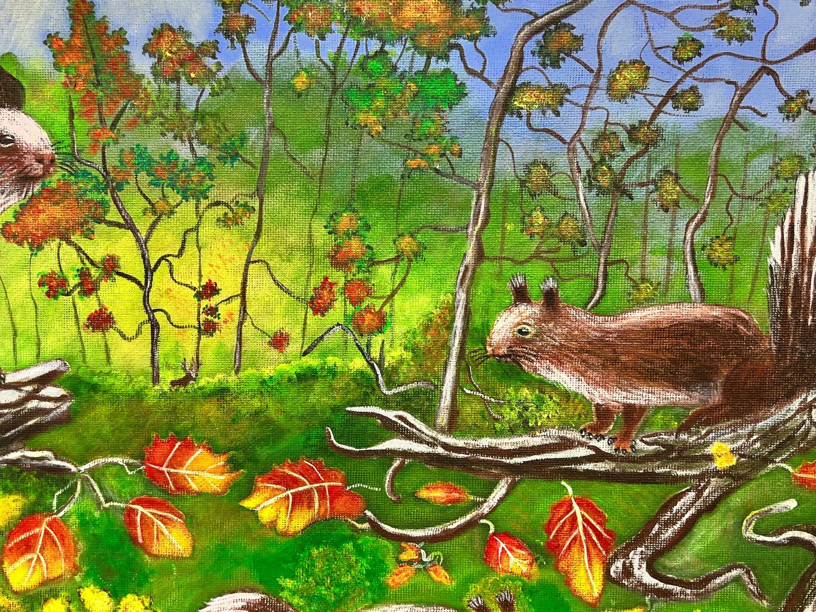Ben Powellsquirrels In Autumn Landscape Modern British Painting photo for sale