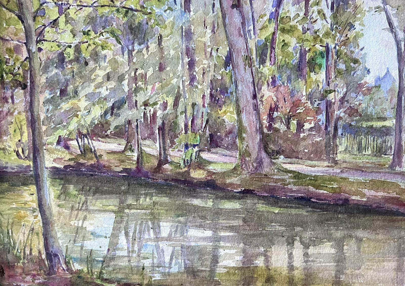 Louise Alixfrench Impressionist Watercolour Painting River Bank Tree Reflection 1940's photo Art