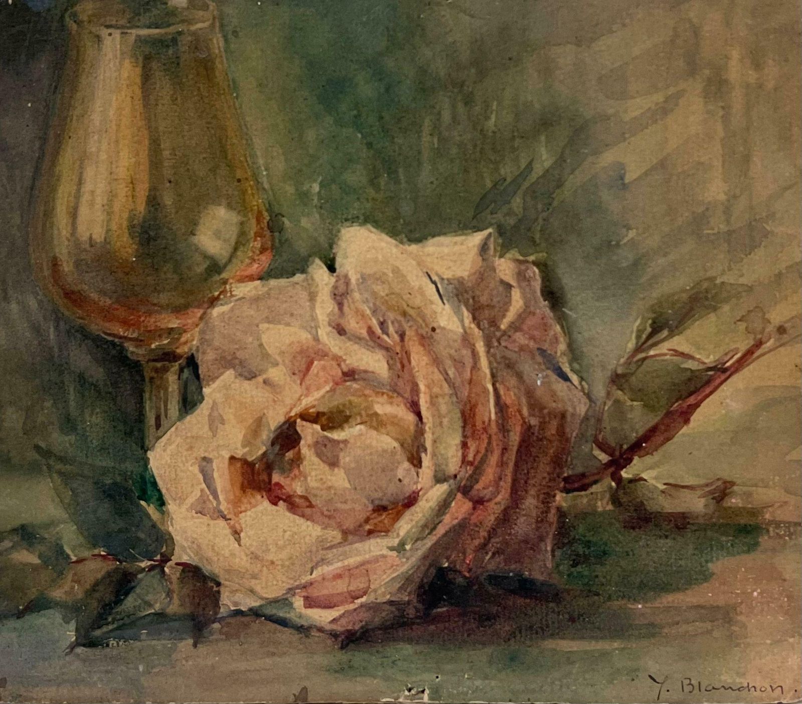 Y. Blanchonvintage Pink Rose And Wine Glass Still Life French Impressionist Watercolour1930's photo furniture