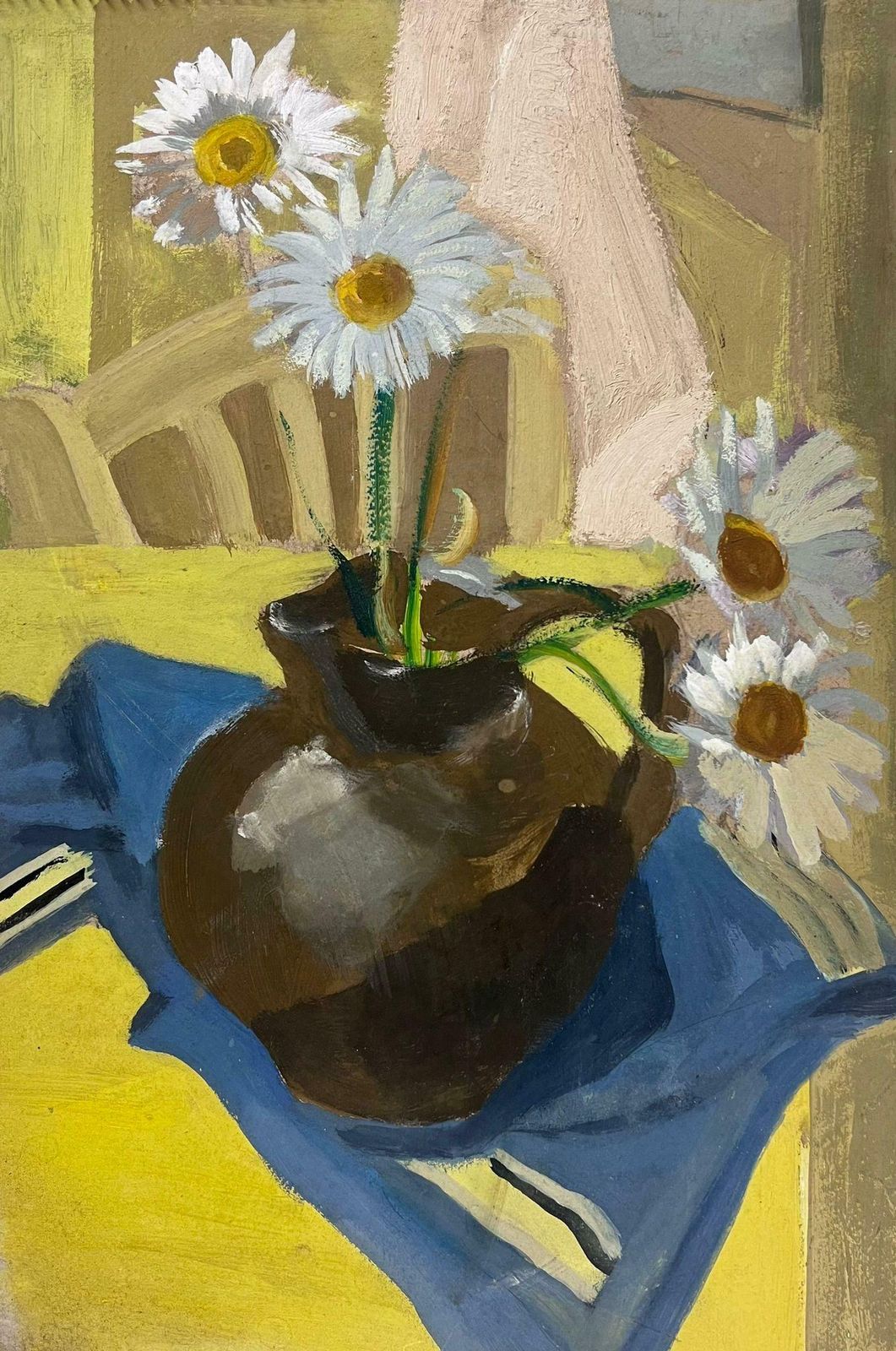 Y. Blanchon1930's French Impressionist Daises In Brown Vase On Yellow Table Interior1930's