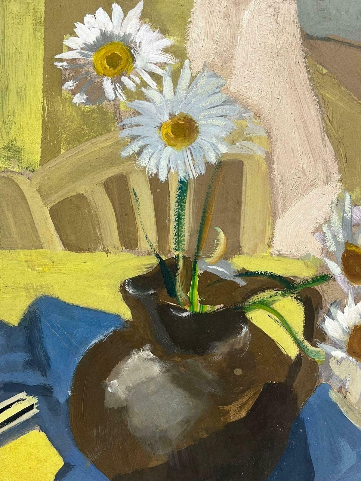 Y. Blanchon1930's French Impressionist Daises In Brown Vase On Yellow Table Interior1930's photo Art