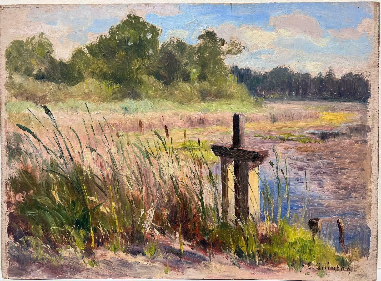 Edmond Quinton1930's French Impressionist Signed Oil Painting Cross Mile Stone By Lake1930's