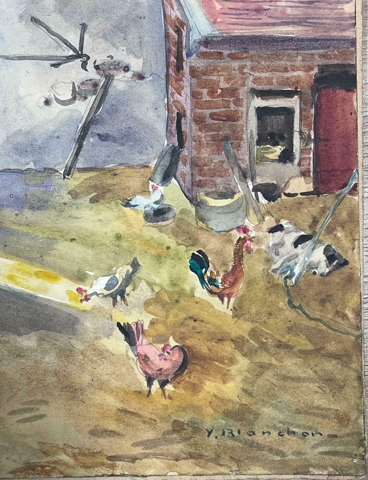 Y. Blanchon1930's Watercolour French Landscape Chickens In Farmyard1930's photo for sale
