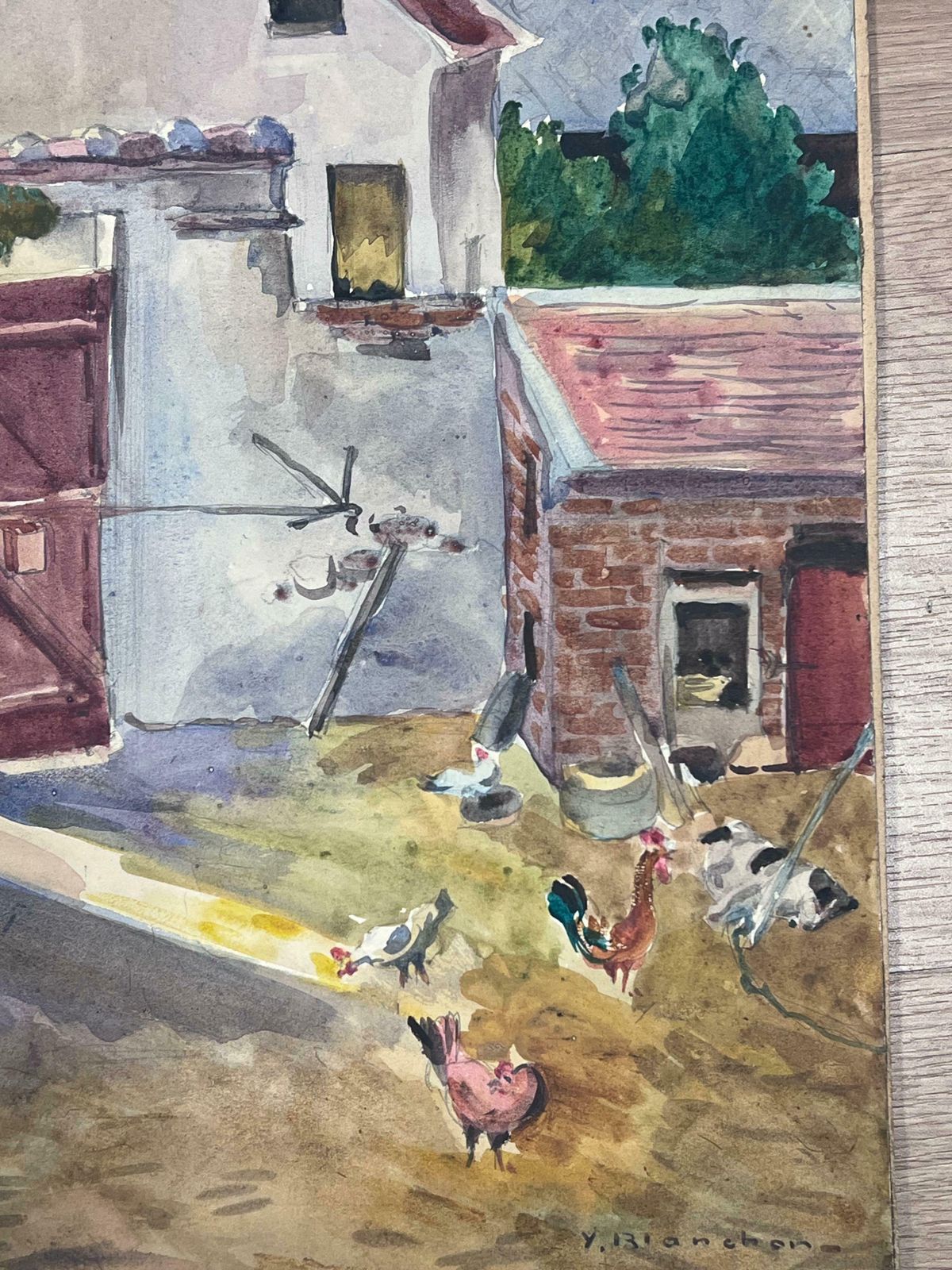 Y. Blanchon1930's Watercolour French Landscape Chickens In Farmyard1930's photo Art