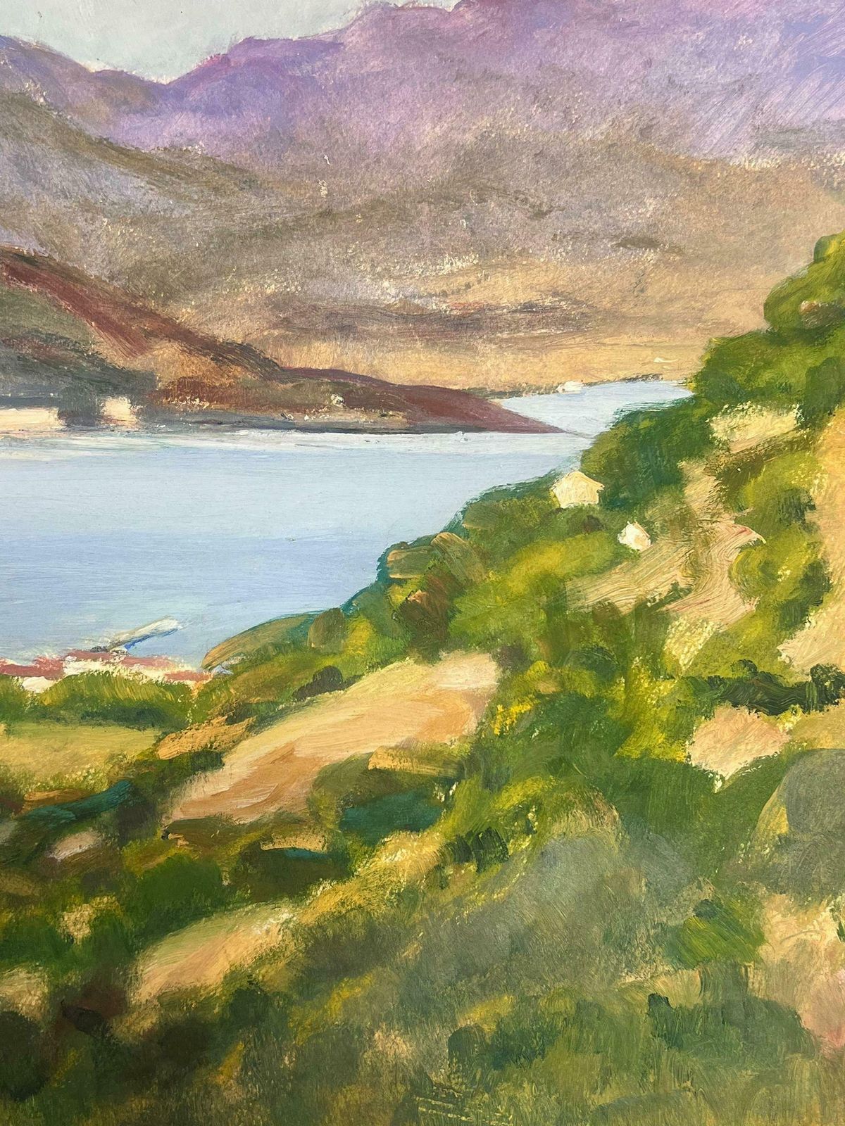 Y. Blanchon1930's French Impressionist Mountains Surrounding The Blue Sea Landscape  1930's photo for sale