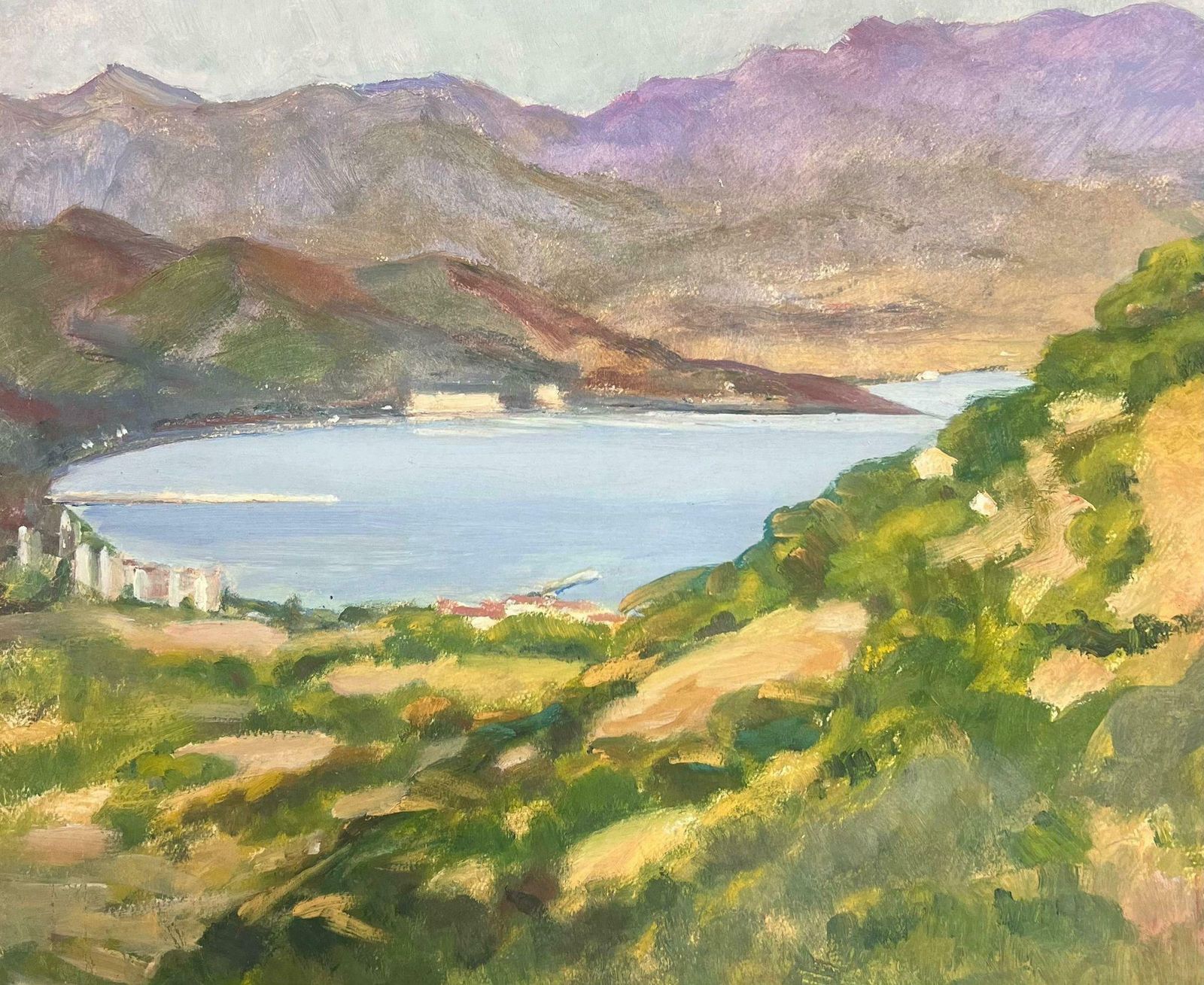 Y. Blanchon1930's French Impressionist Mountains Surrounding The Blue Sea Landscape  1930's photo Art