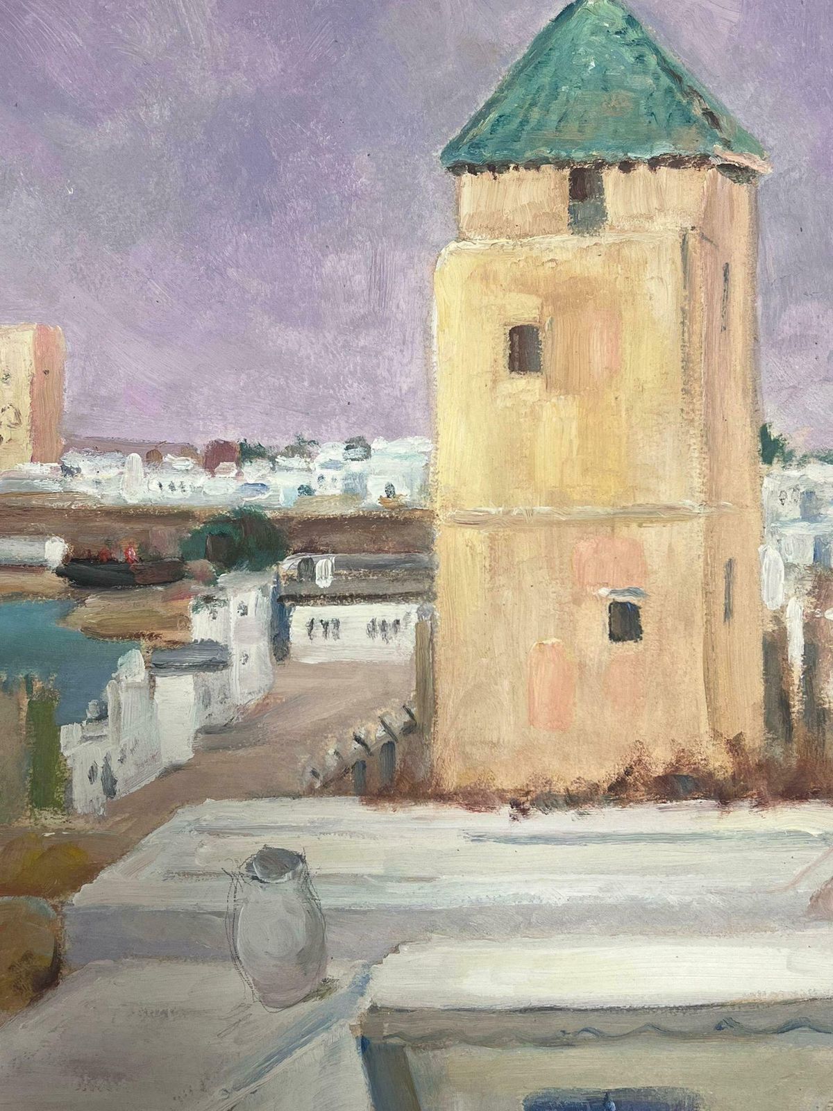 Y. Blanchon1930's Gouache Tall Beige Stone Tower In French Town Landscape 1930's photo for sale
