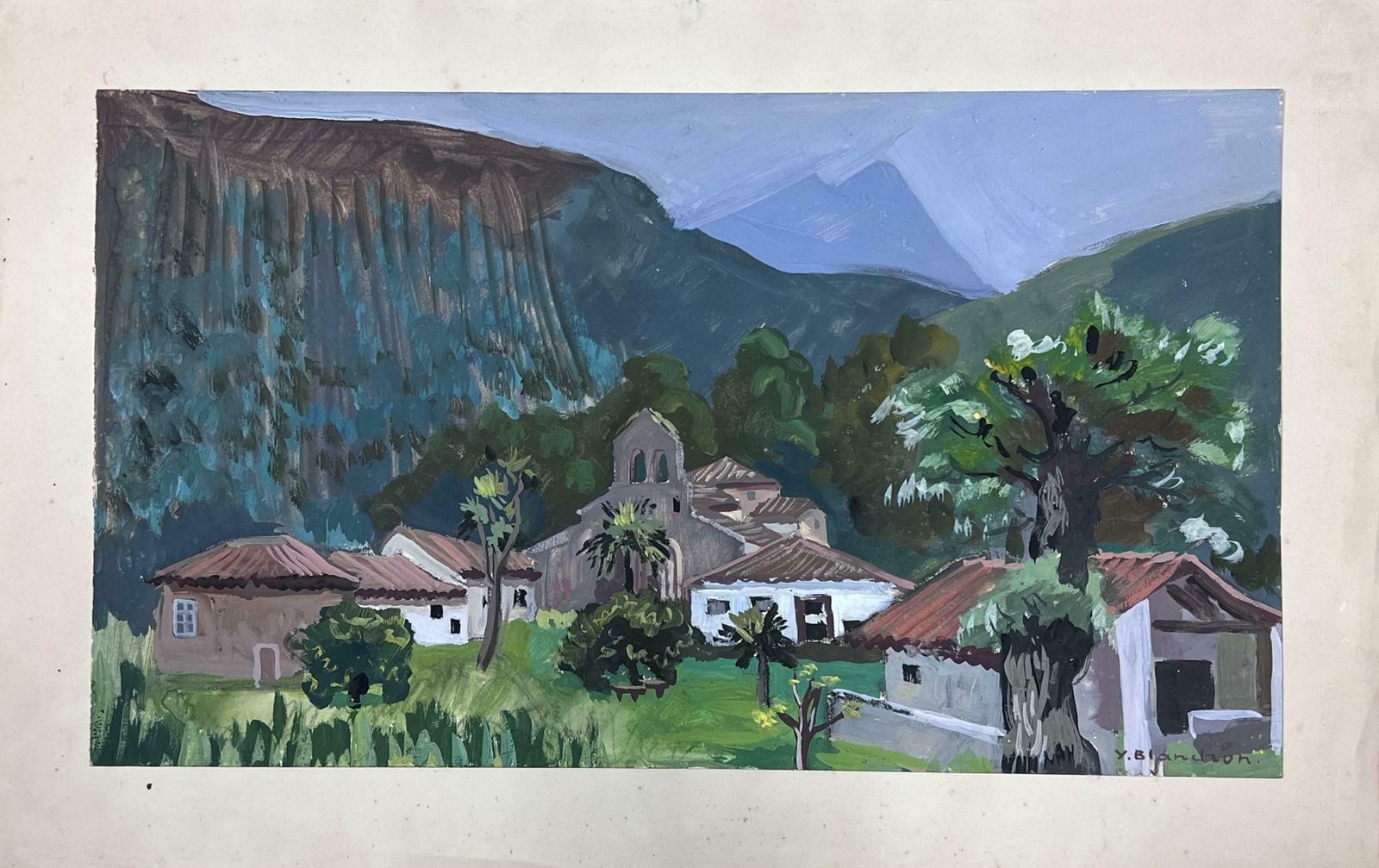 Y. Blanchon1930's Gouache Painting French Town Temple In The Mountains 1930's photo furniture