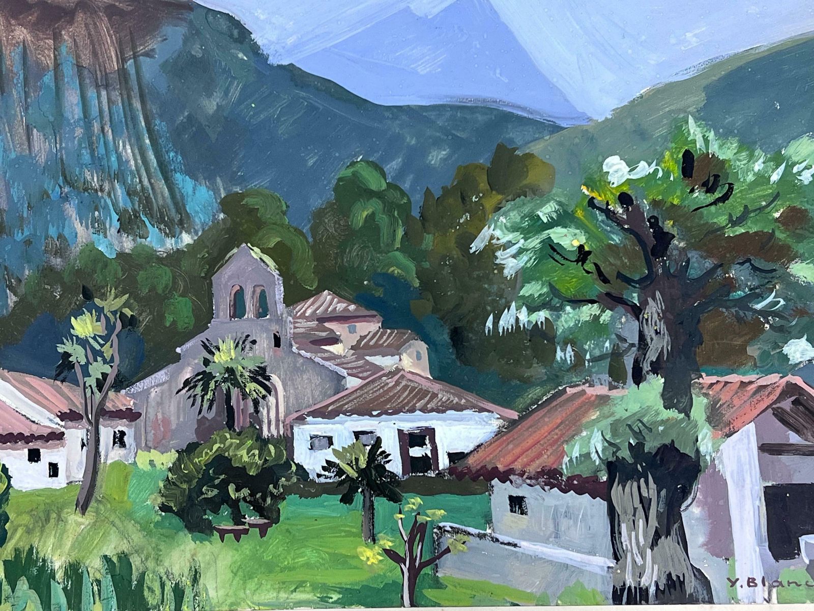 Y. Blanchon1930's Gouache Painting French Town Temple In The Mountains 1930's photo 3002.0