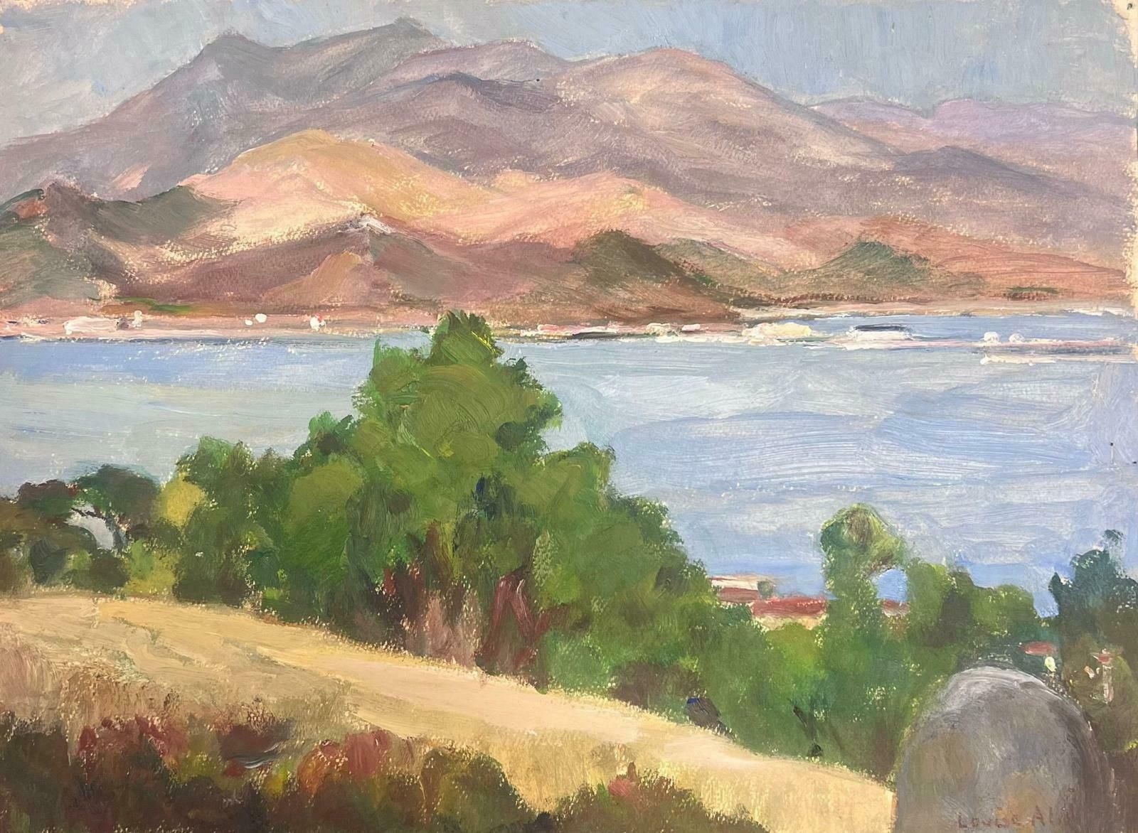 Louise Alix1930's French Oil Painting Purple Mountains Over Blue Sea Landscape 1930's