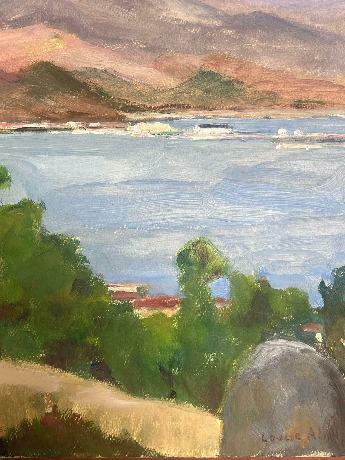 Louise Alix1930's French Oil Painting Purple Mountains Over Blue Sea Landscape 1930's photo Art