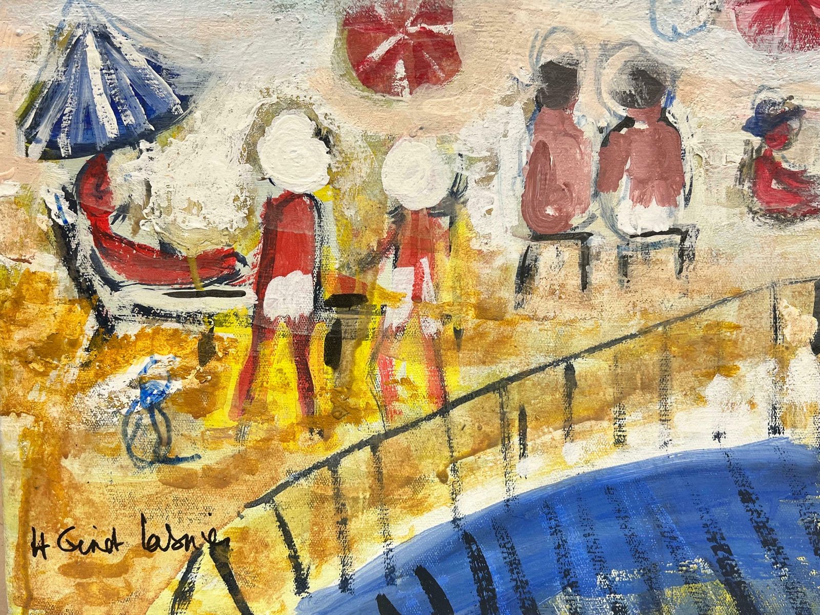 Huguette Ginet Lasnier Busy Beach Summer With Figures On Sand Contemporary French Modernist Oil C. 2000's photo Art