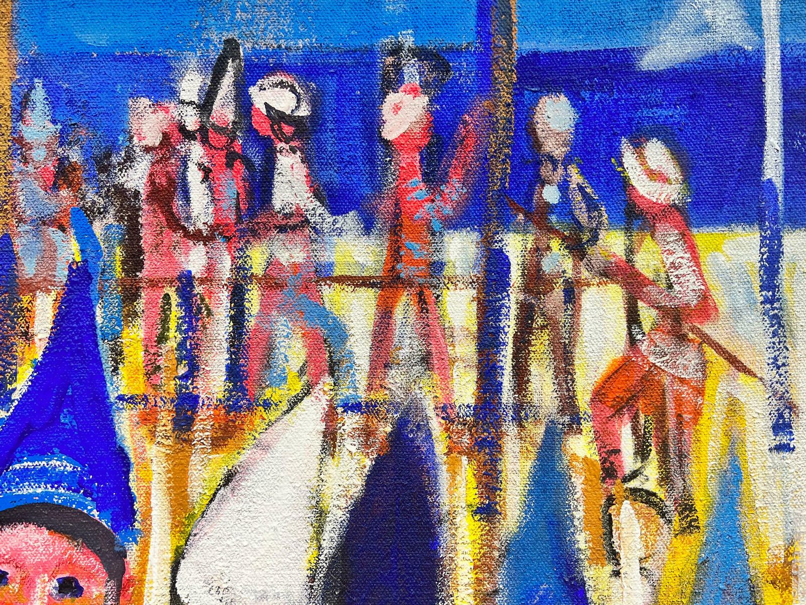 Huguette Ginet Lasnier Busy Beach Scene Children Wearing Hats Hot Summers Day Blue Sea & Sky French Oilc. 2000's photo Art