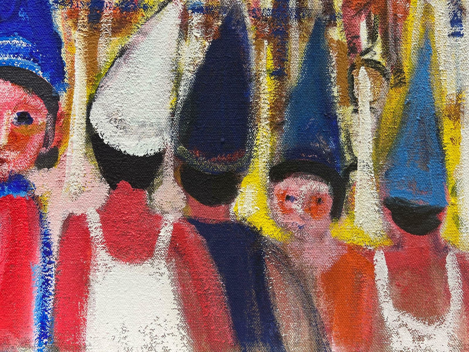 Huguette Ginet Lasnier Busy Beach Scene Children Wearing Hats Hot Summers Day Blue Sea & Sky French Oilc. 2000's photo 1526.0