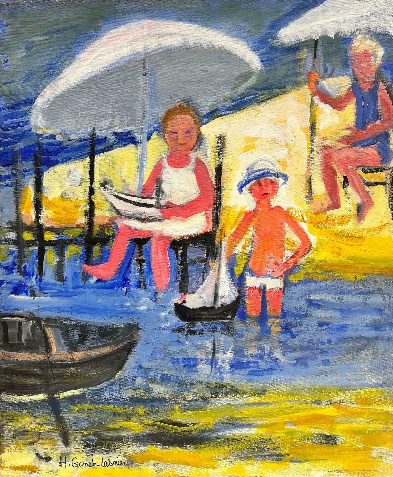 Huguette Ginet Lasnier Family Playing On Beach With Toy Boat French Modernist Oil Painting C. 2000's