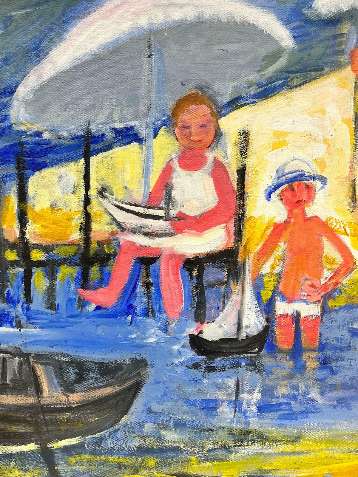 Huguette Ginet Lasnier Family Playing On Beach With Toy Boat French Modernist Oil Painting C. 2000's photo furniture