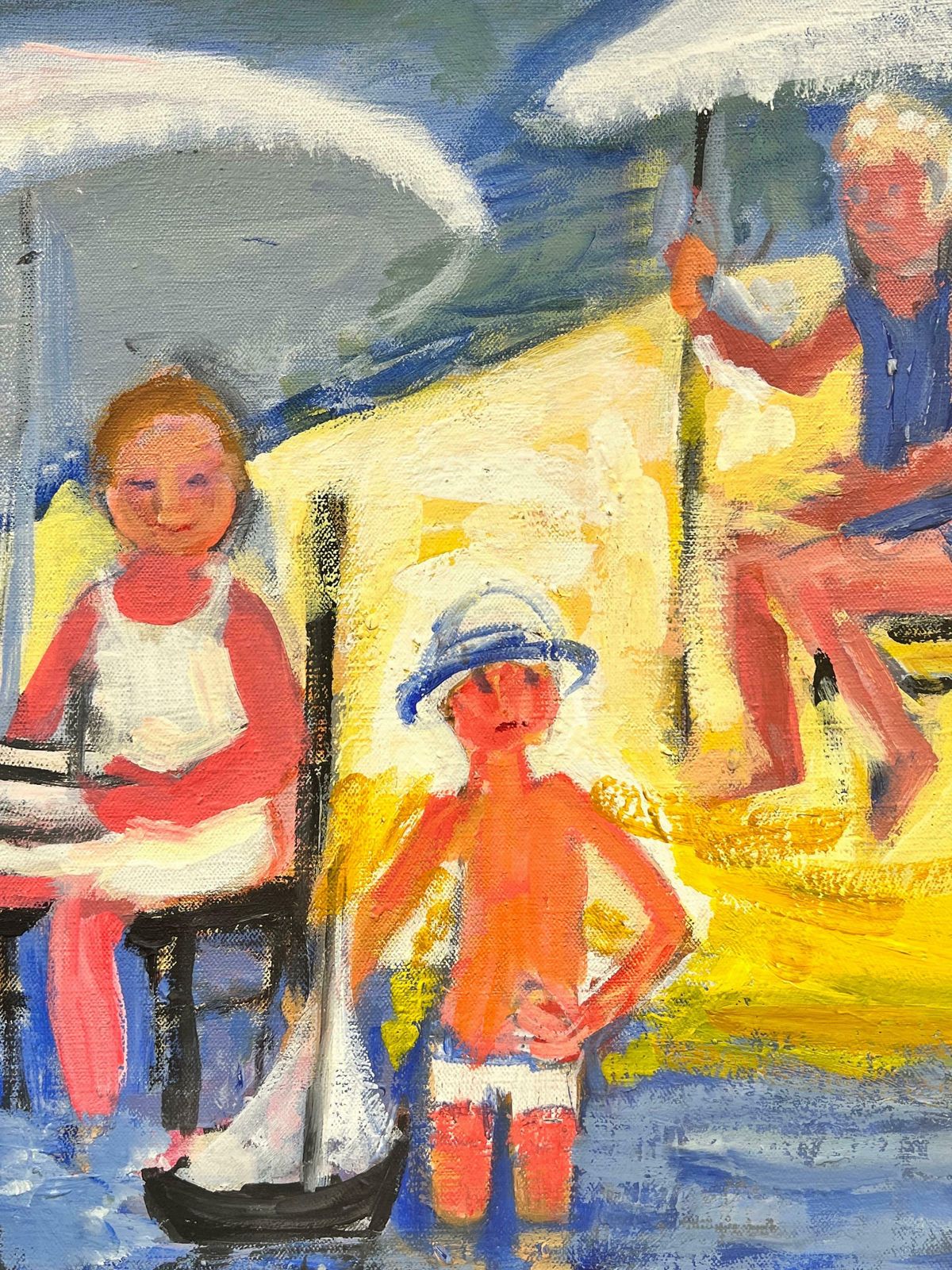 Huguette Ginet Lasnier Family Playing On Beach With Toy Boat French Modernist Oil Painting C. 2000's photo for sale