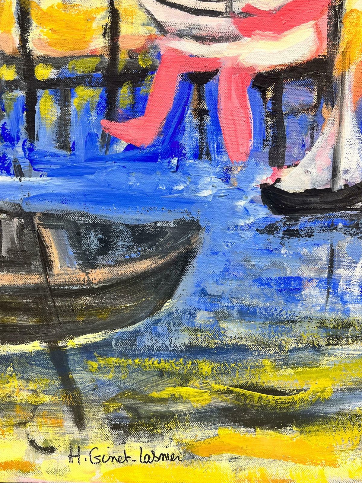 Huguette Ginet Lasnier Family Playing On Beach With Toy Boat French Modernist Oil Painting C. 2000's photo 1526.0