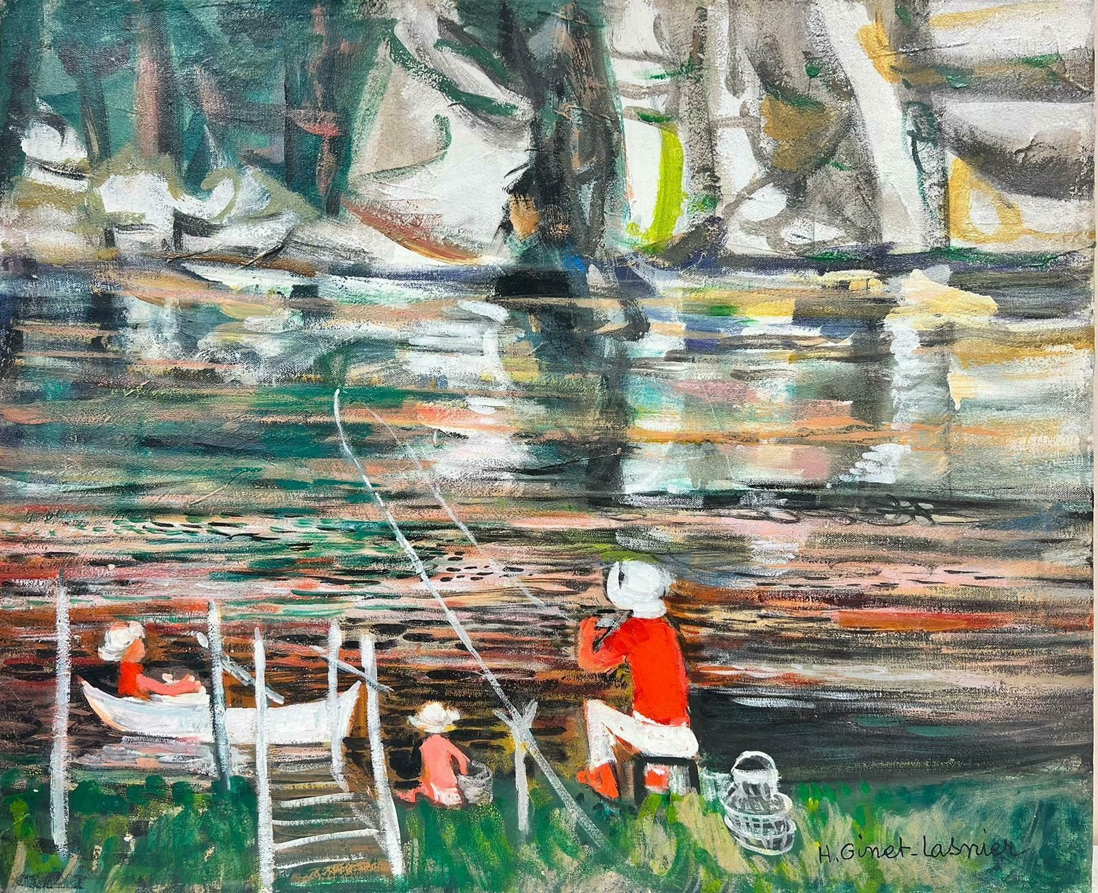Huguette Ginet Lasnier Figures On River French Modernist Signed Oil Painting Fishing Vacationc. 2000's
