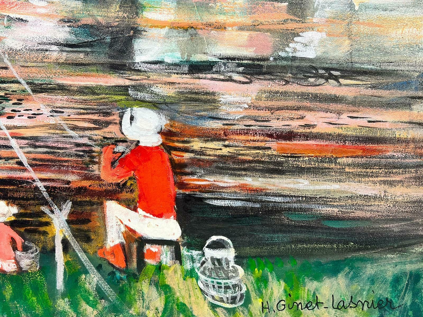 Huguette Ginet Lasnier Figures On River French Modernist Signed Oil Painting Fishing Vacationc. 2000's photo vinterior