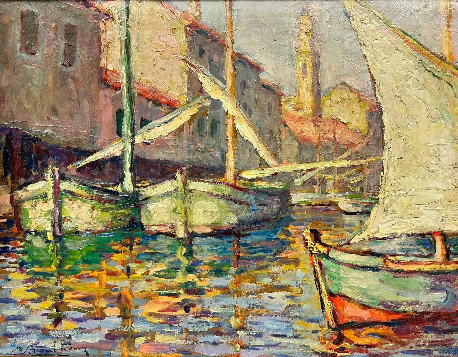 French School1950’s French Impressionist Oil Sleepy Med Fishing Sunny Harbour Signed1950