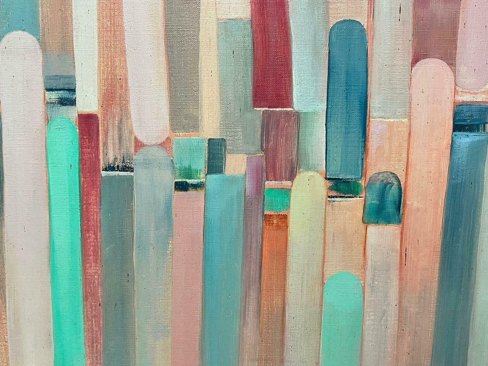 French School1970’s French Abstract Shapes Oil Painting In Pastel Shades Of Color photo Art
