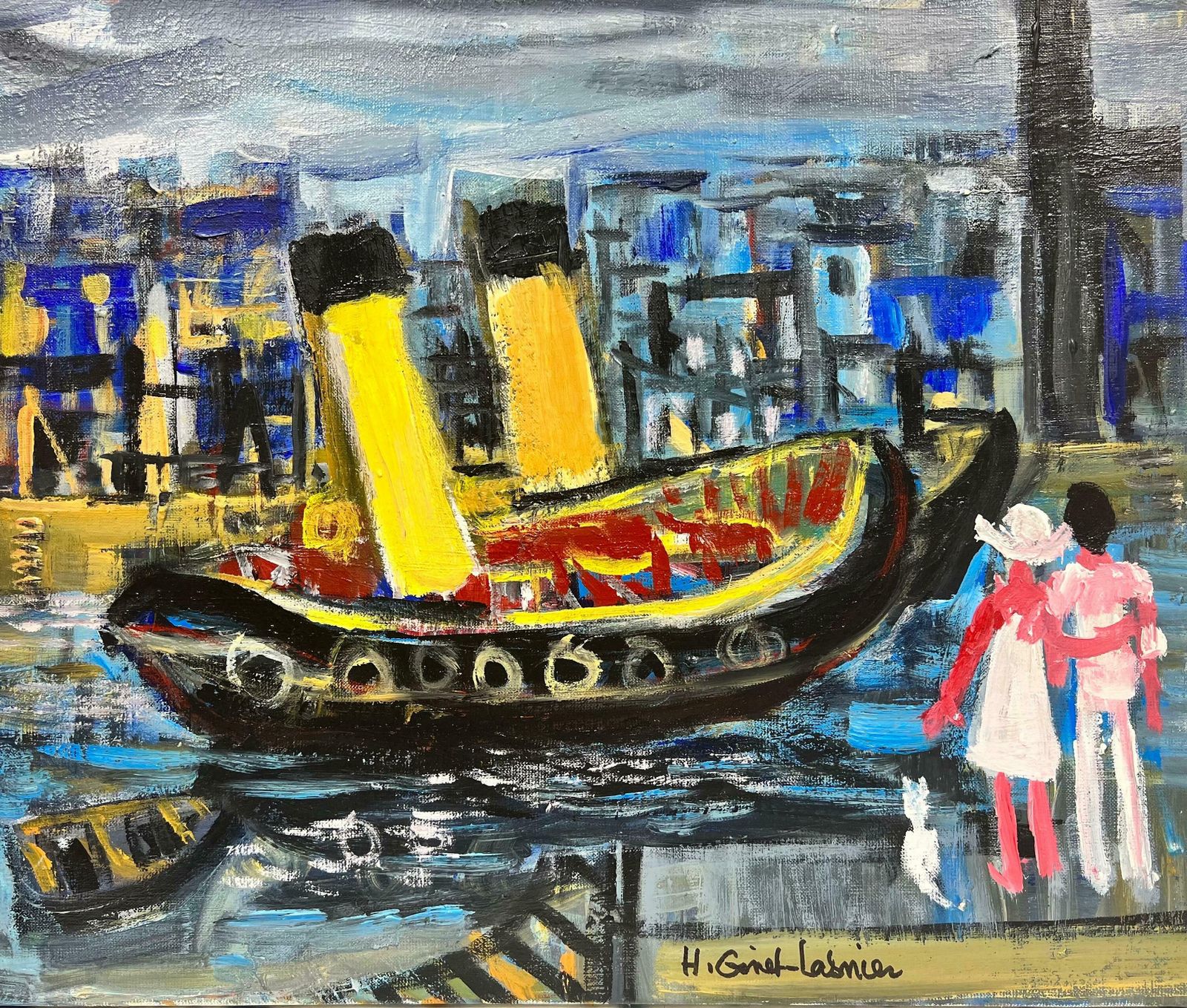 Huguette Ginet Lasnier French Modernist Contemporary Oil Couple With Dog In Harbor With Boatsc. 2000's