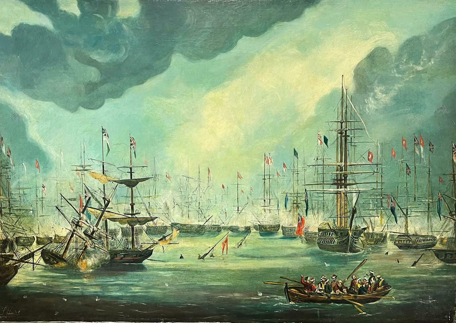 English Marine Oil Naval Battle Engagement At Sea Large Busy Battle Scene Many Ships, Signed Oil