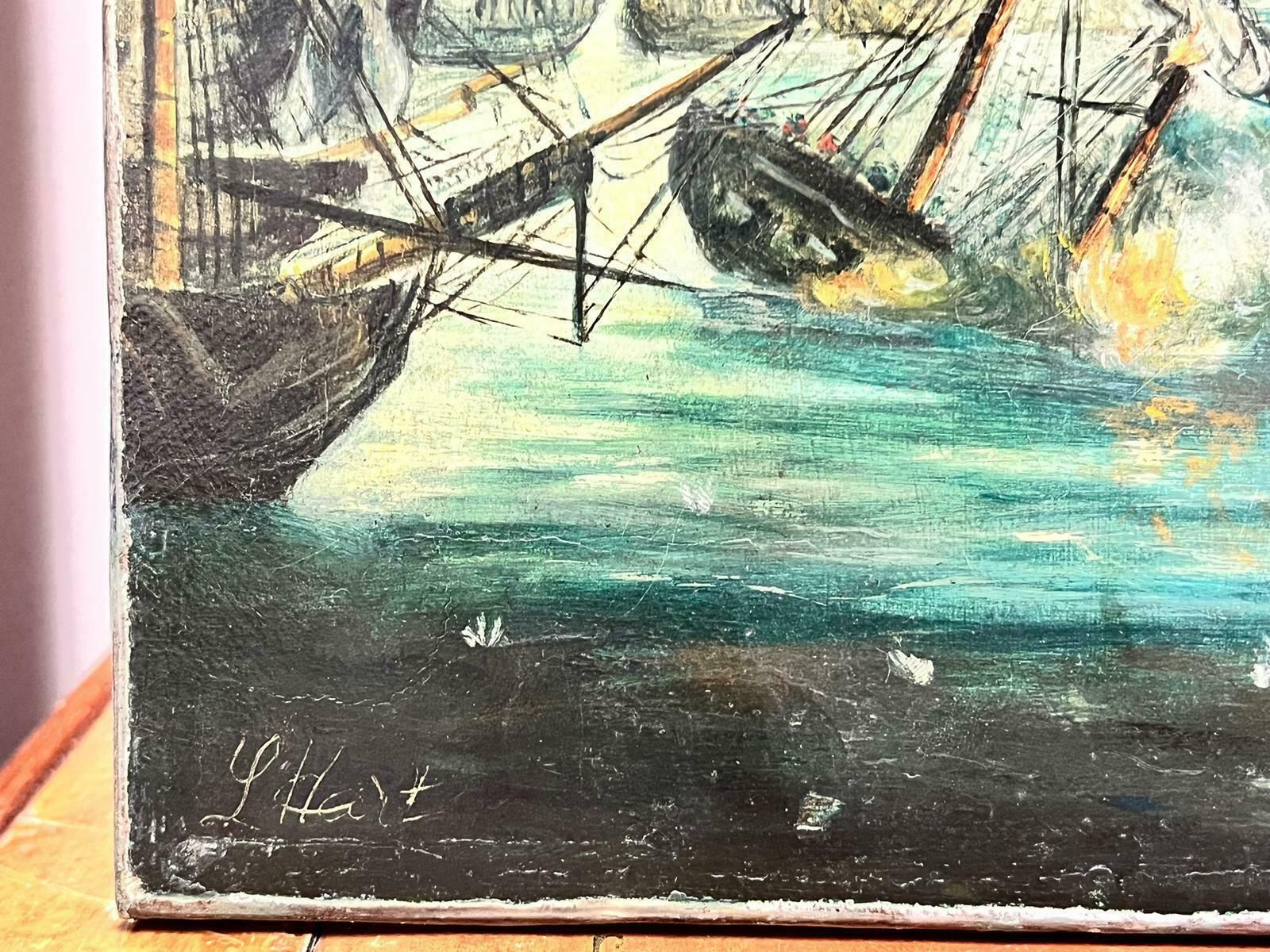 English Marine Oil Naval Battle Engagement At Sea Large Busy Battle Scene Many Ships, Signed Oil photo 1430.0