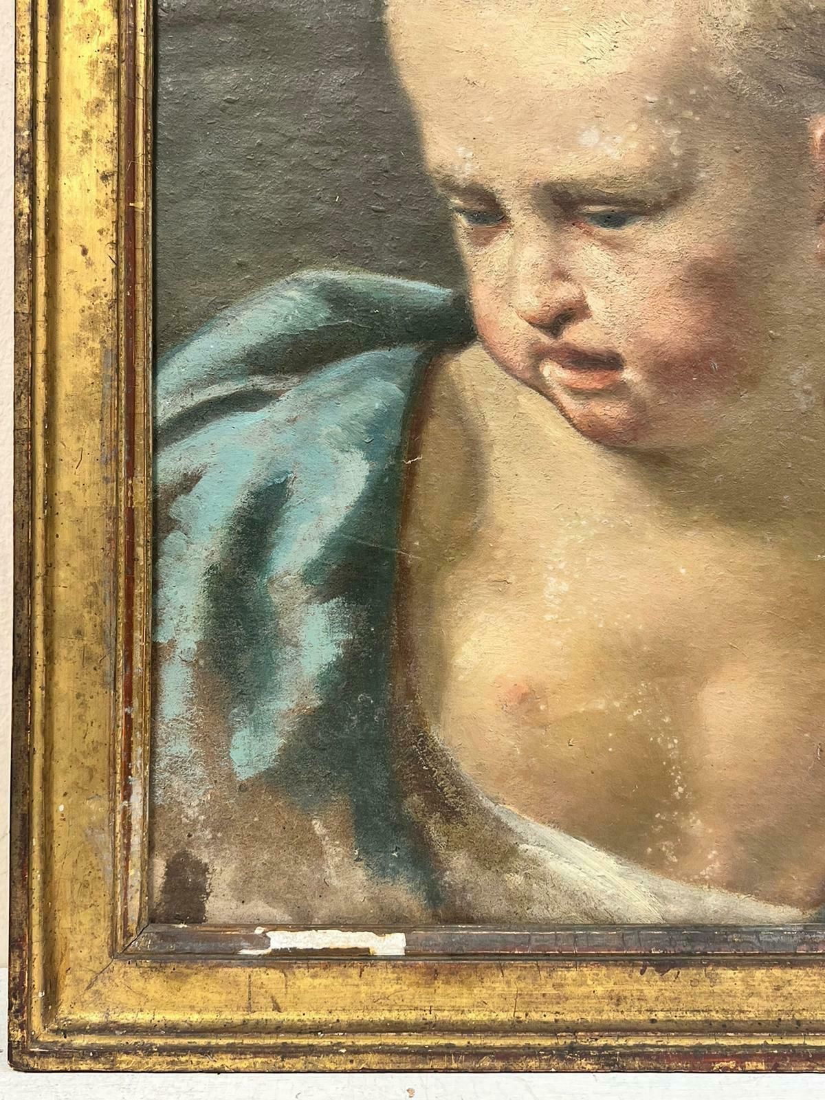 French School1800’s French Rococo Oil Portrait Of Young Girl Pink Bow Blue Dress To Restore photo for sale