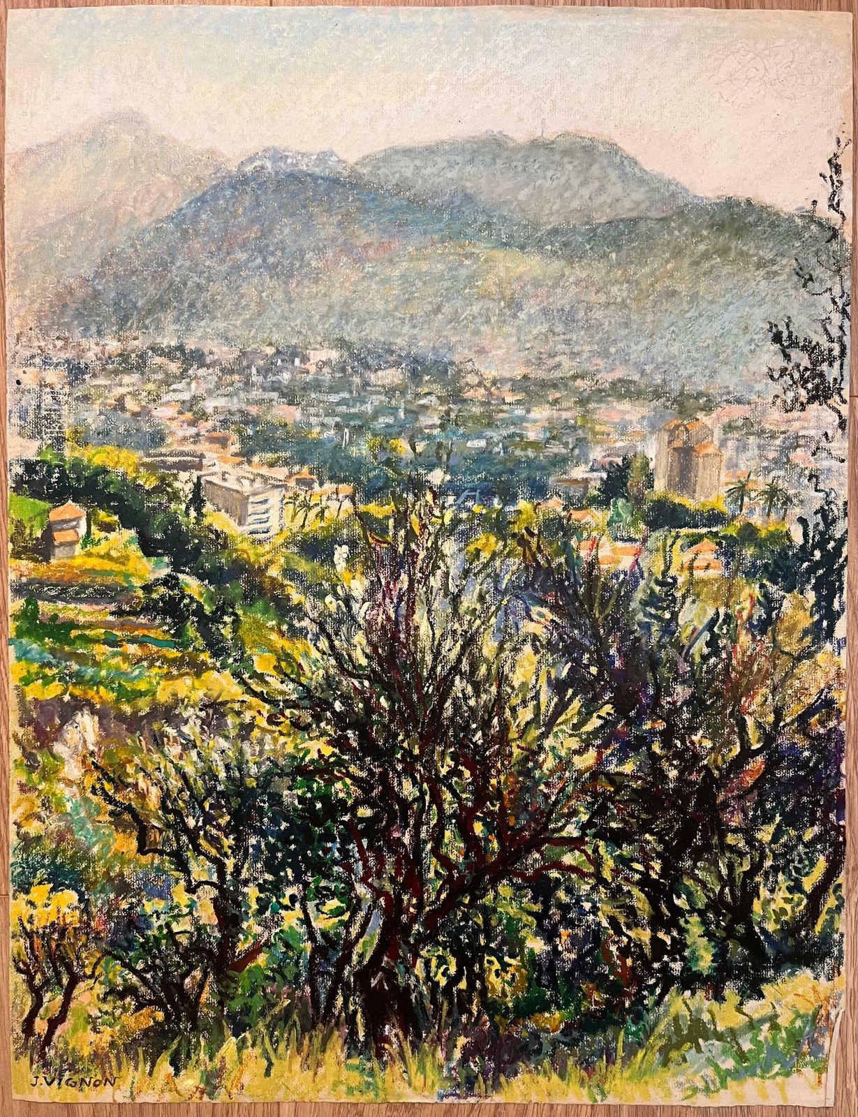 Josine Vignonmid Century French Original Pastel Drawing Of Mountain View Overlooking Village1950's photo furniture