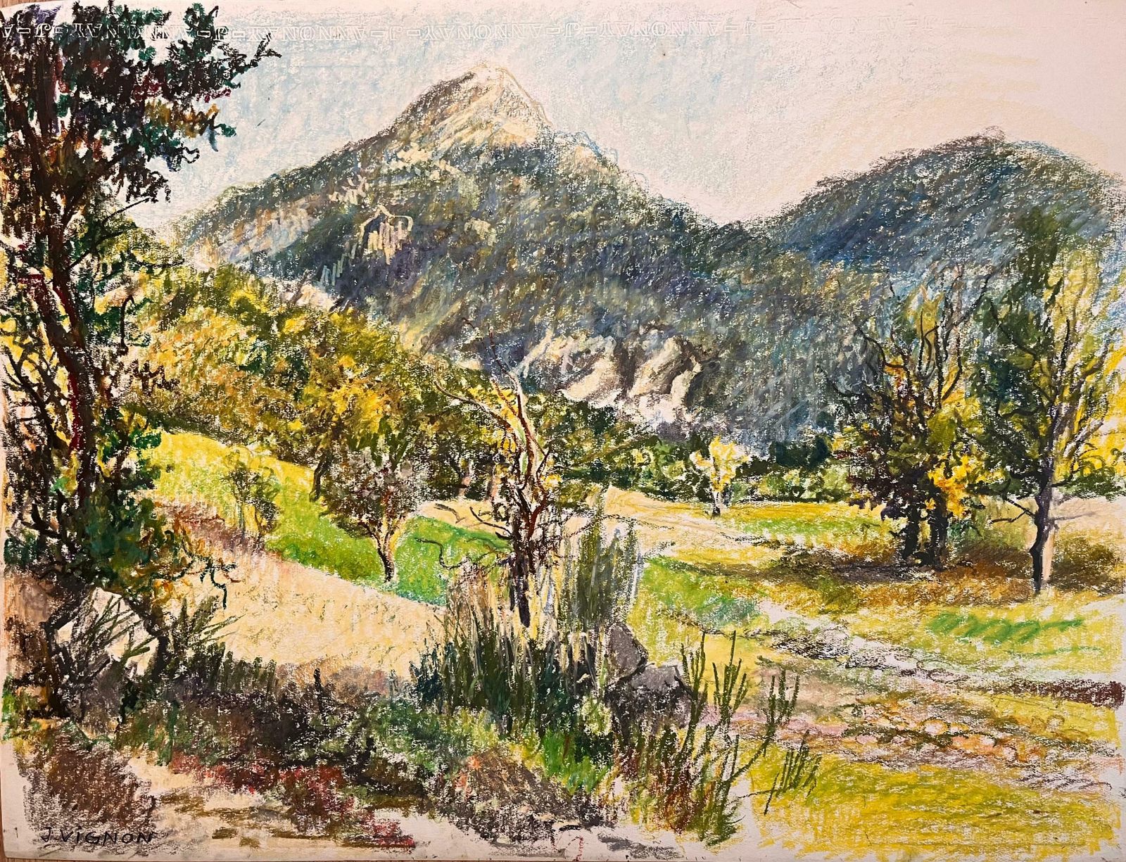 Josine Vignonmid Century French Original Pastel Drawing Of Mountainous Landscape Scene1950's