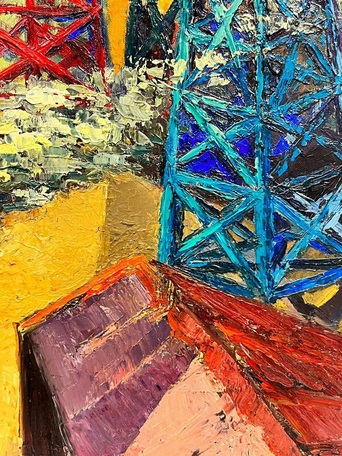 Josine Vignon1960’s French Modernist Large Oil Colorful Industrial Landscape Masts1960's photo vinterior