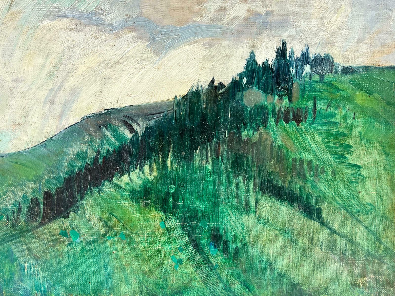 French School1950's French Expressionist Oil Green Woodland Forest Landscape Oil On Canvas photo for sale