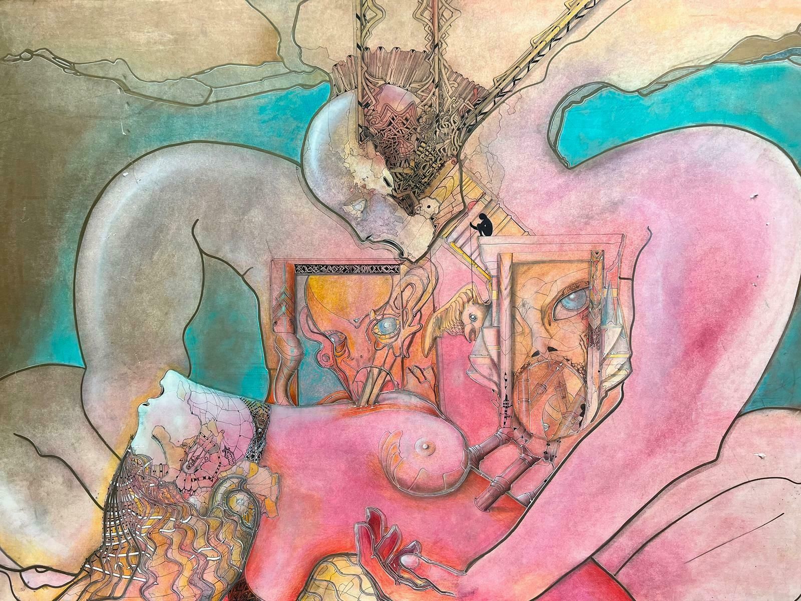 French School Very Large French Surrealist Contemporary Painting Abstract Figures Embracing