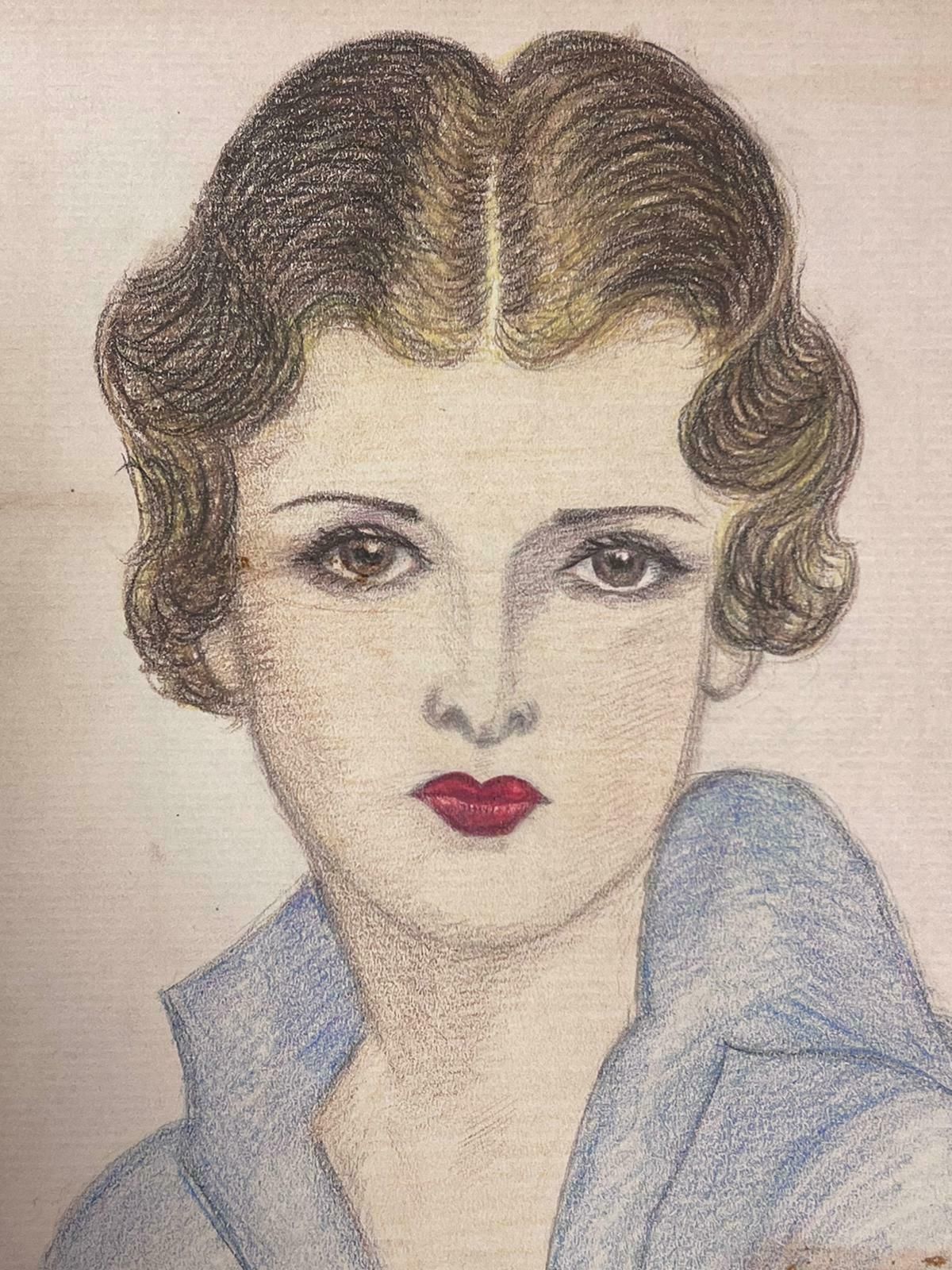 Marjorie Schiele (1913 2008)Portrait Of Elegant Young Society Lady Exquisite Drawing Red Lips Blue Shirt photo Art