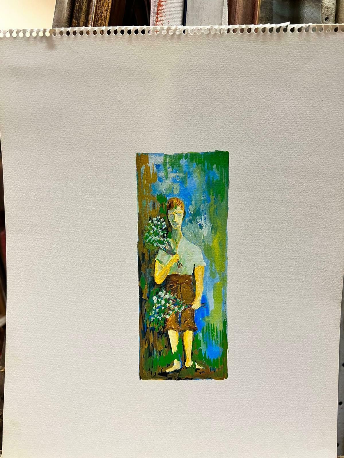 Bernard Labbe1950's Modernist/ Cubist Painting   Boy With Flowers1950's photo for sale