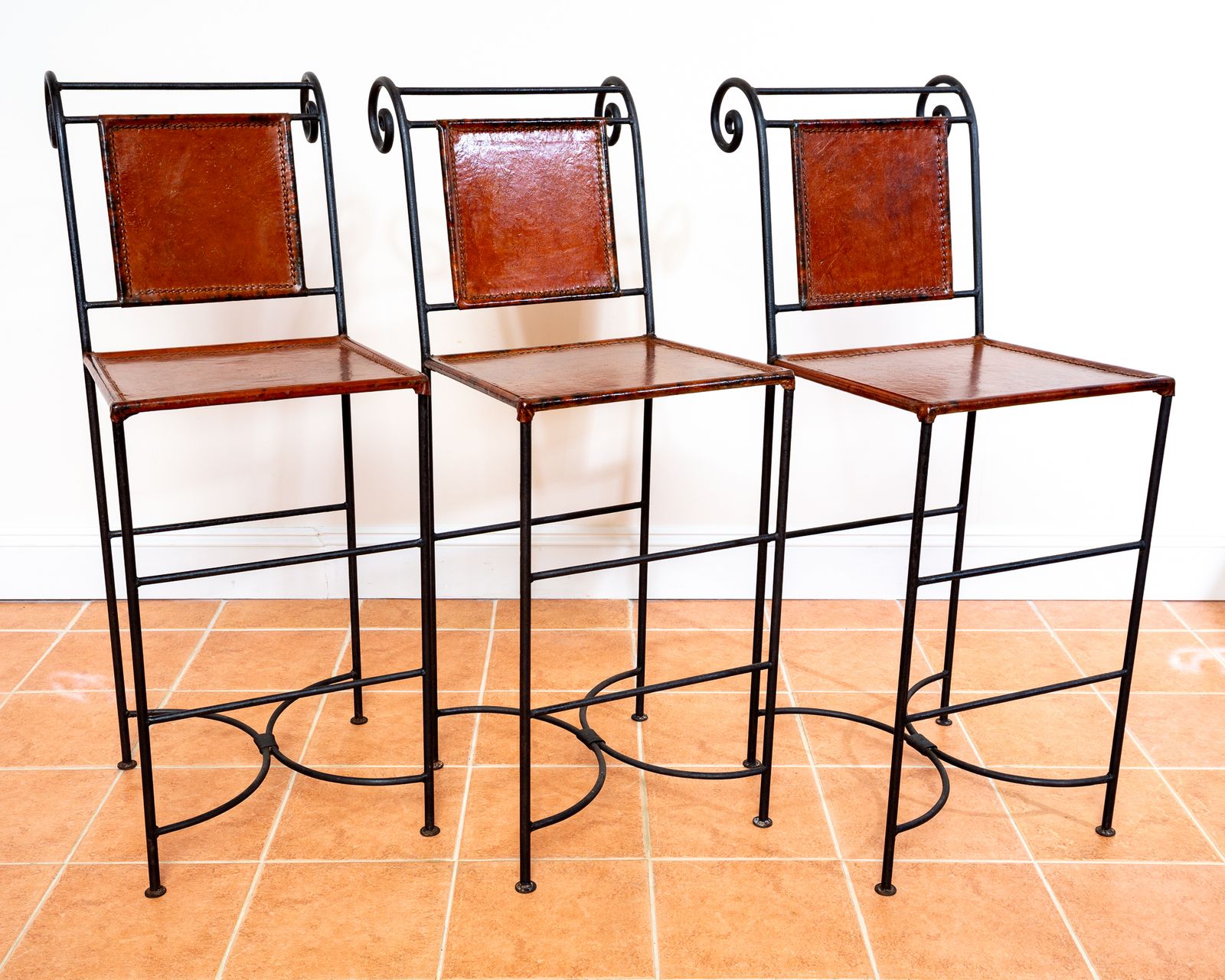 3 Ralph Lauren Barstools Tan Leather Wrought Iron High Bar Stools Neoclassical Designer Artisan Forged Hand Stitched Curule Art D.Eco photo vintage