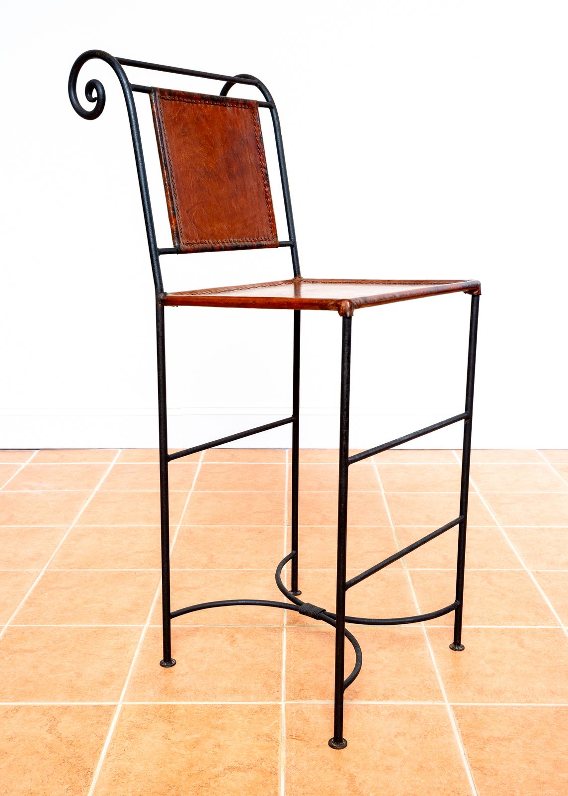 photo for sale 3 Ralph Lauren Barstools Tan Leather Wrought Iron High Bar Stools Neoclassical Designer Artisan Forged Hand Stitched Curule Art D.Eco