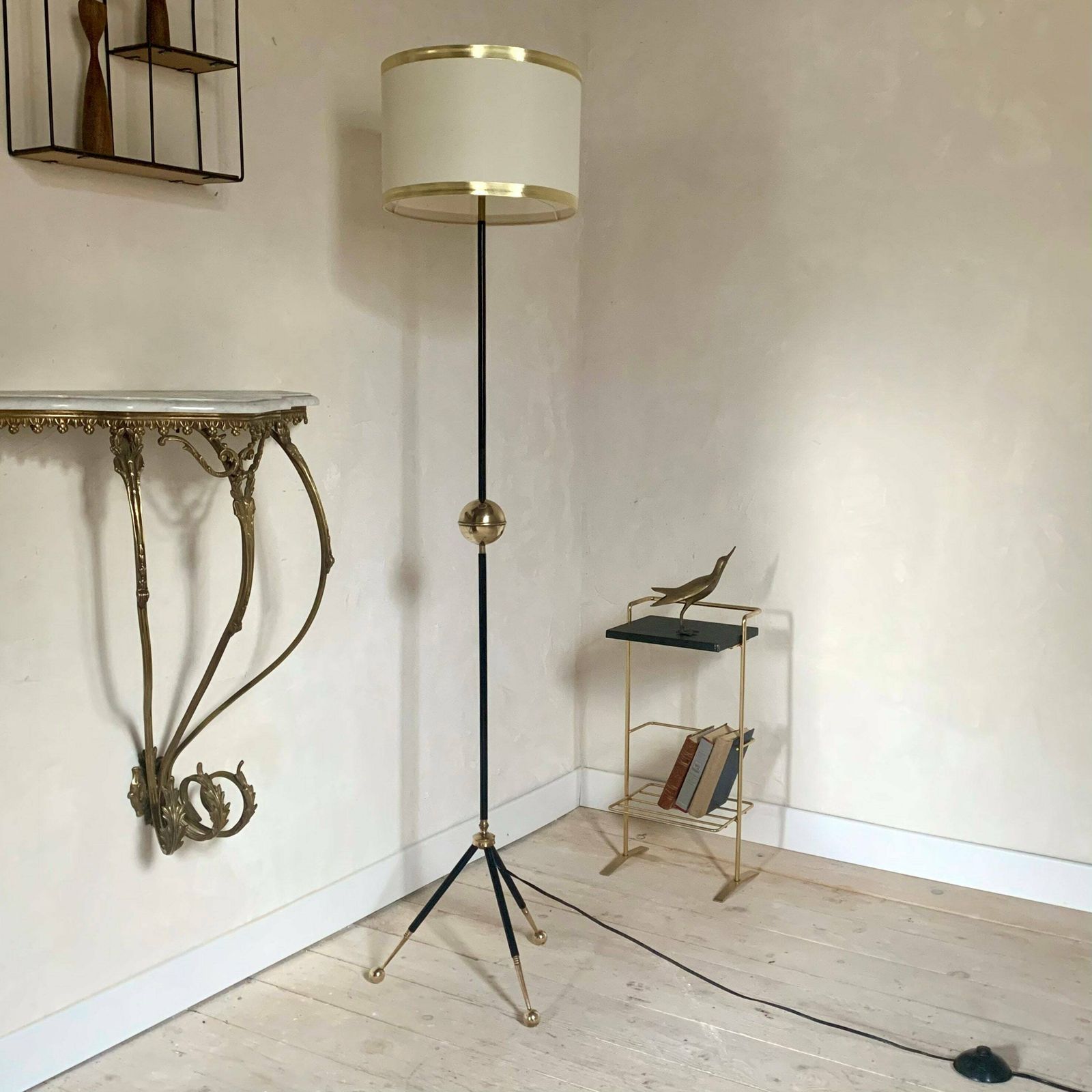 Vintage Black Metal Tripod Floor Lamp And Brass Ball photo furniture