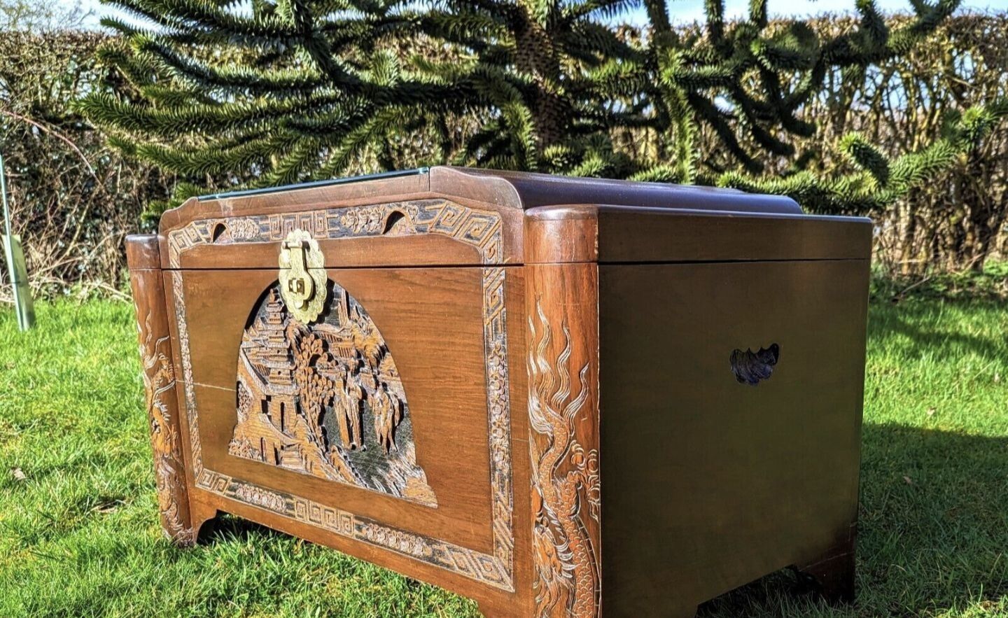 Superb Vintage Chinese Carved Camphor Wood Blanket Chest Delivery Available 0170. photo furniture