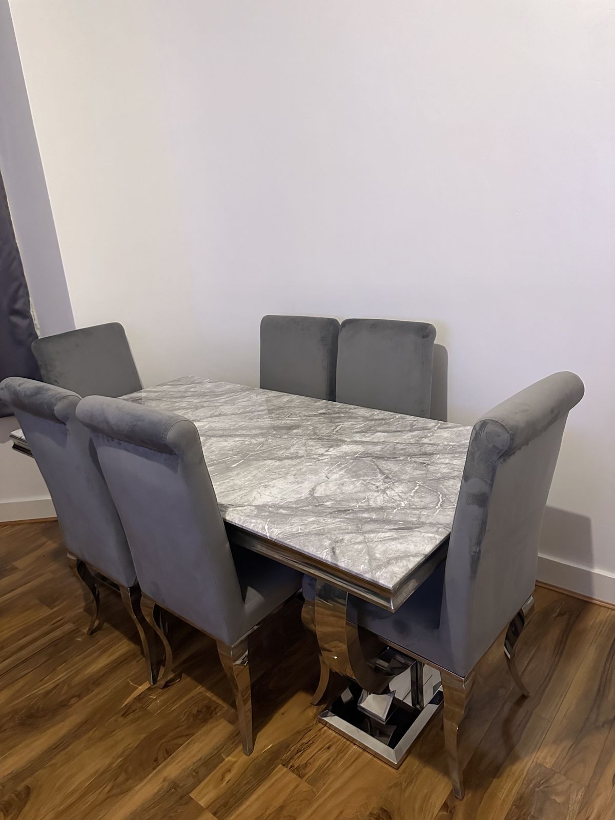 Ariana Light Grey Marble Dining Table And 6 Grey Velvet Lion Knocker Chairs 1.8m photo furniture