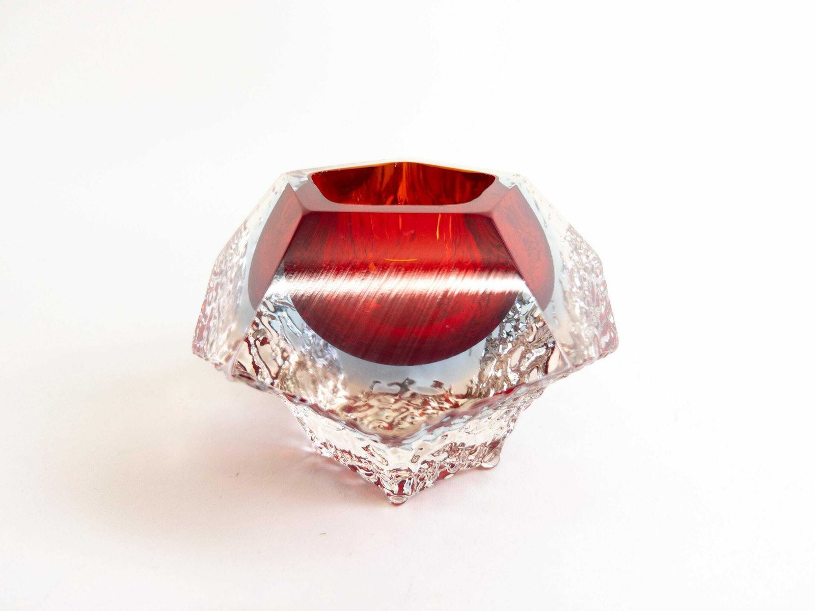 Murano Textured Sommerso Faceted Bowl In Red, Blue And Clear By Mandruzzato Glass Company   Made In Italy