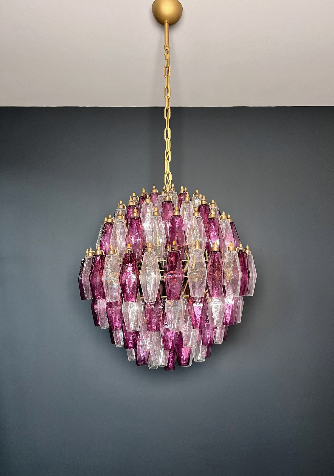 Amazing Spherical Murano Poliedri Candelier   140 Poliedri Trasparent And Amethyst photo Lighting