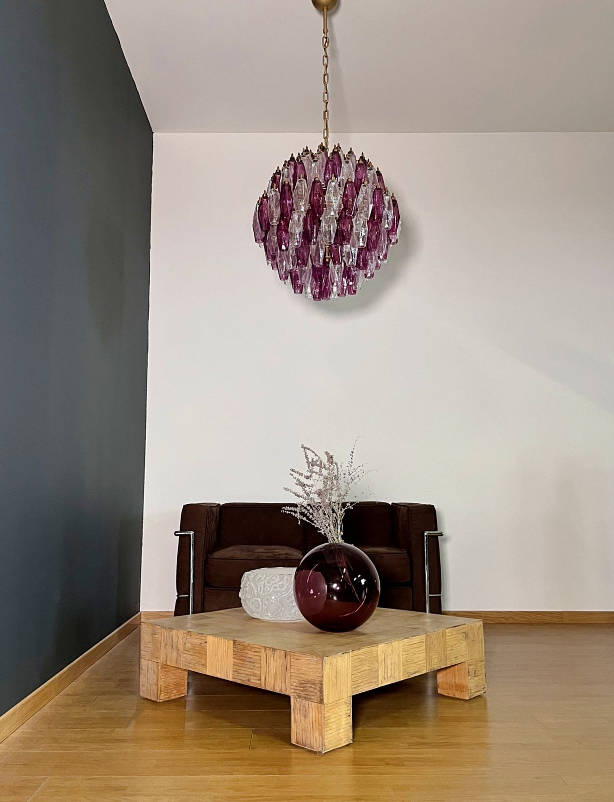 2705.0 Amazing Spherical Murano Poliedri Candelier   140 Poliedri Trasparent And Amethyst photo
