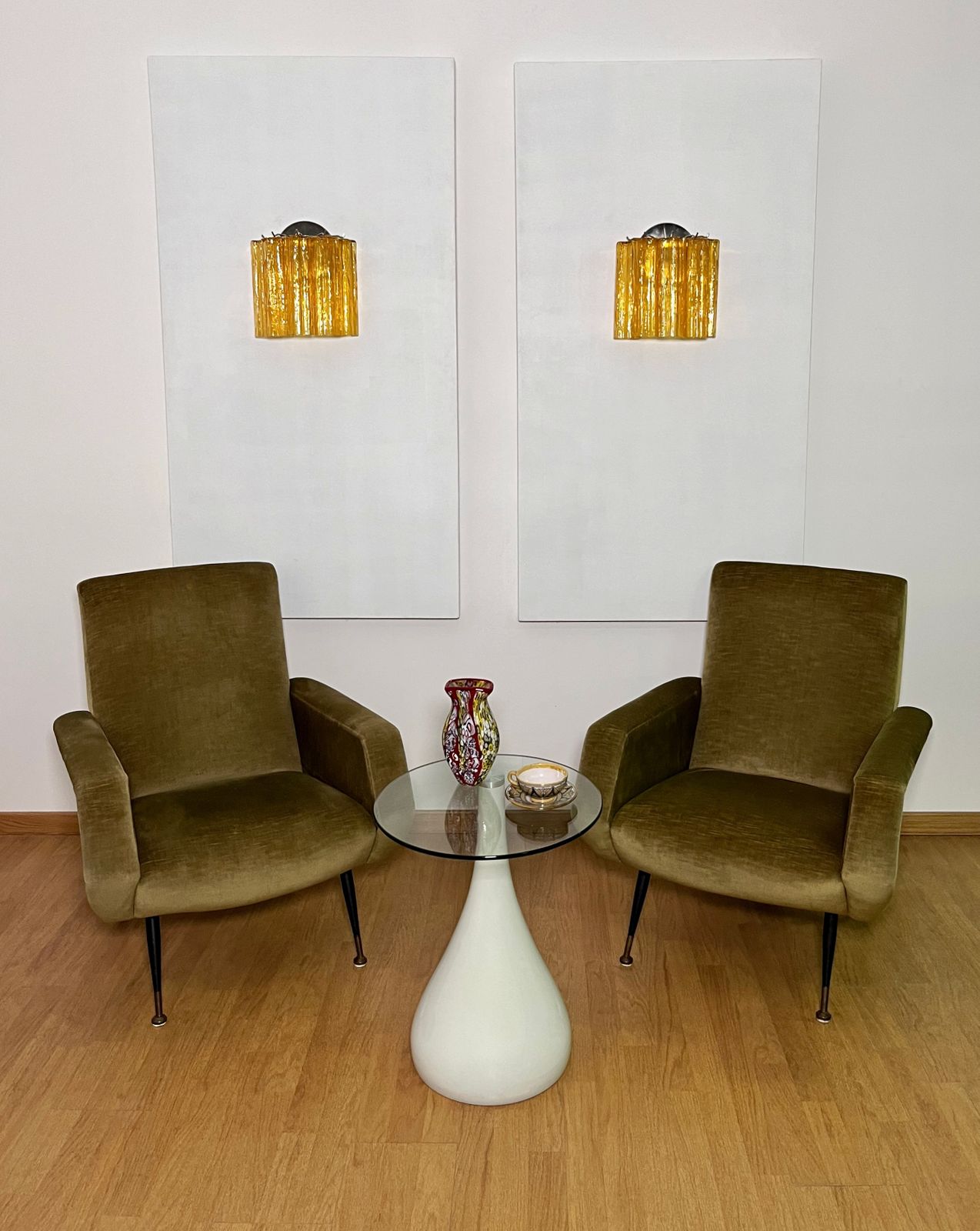 395.0 Fantastic Pair Of Murano Glass Tube Wall Sconces   5 Amber Glass Tube photo