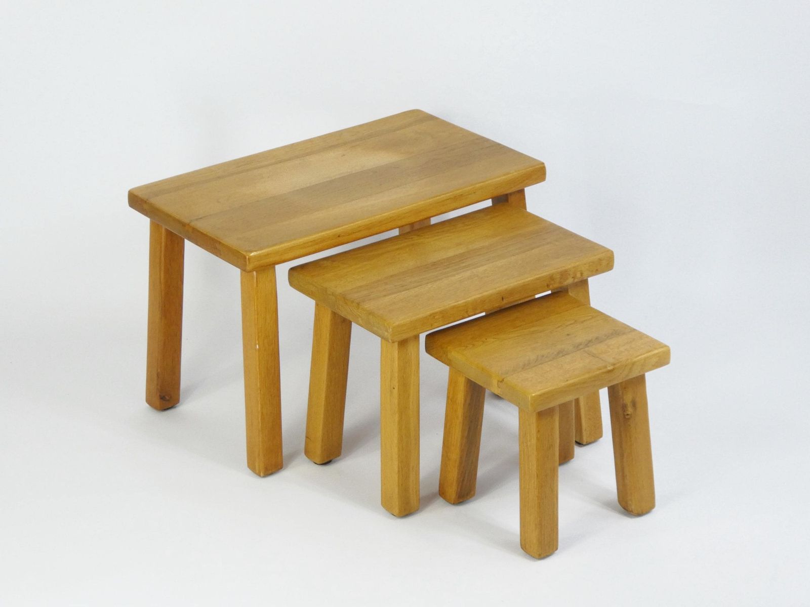 Vintage Wooden Nesting Set Of 3 Rectangular Tables, Brutalist Light Oak Primitive Milking Stools, Beautiful Side Tables, Plant Stand